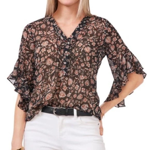 Vince Camuto Flutter Sleeve Henley blouse - Picture 1 of 5